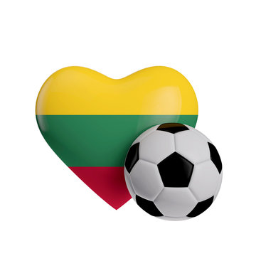 Lithuania flag heart shape with a soccer ball. Love football. 3D Rendering