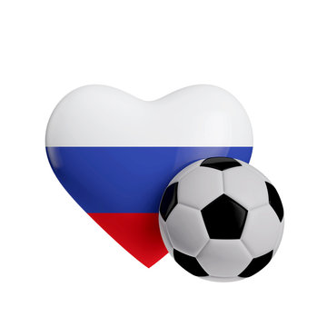 Russia flag heart shape with a soccer ball. Love football. 3D Rendering
