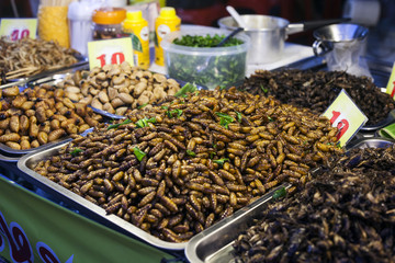 Thai food fried worms and insects, market