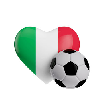 Italy flag heart shape with a soccer ball. Love football. 3D Rendering