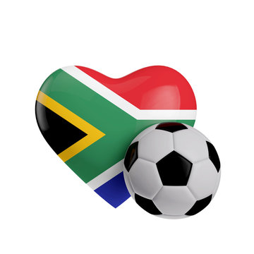 South Africa flag heart shape with a soccer ball. Love football. 3D Rendering