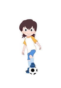 Boy wearing football uniform, cute cartoon kid character with football ball. Vector illustration