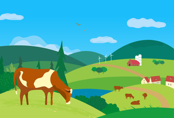 Nature outdoor valley landscape. Colorful cartoon. Farming herd of brown cows on meadow. Rural community scene view. Domestic cattle mammal on green grass hill, field. Vector countryside background