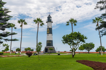 Panoramic View of La Marina lighthouse in Miraflores district, in Lima, Peru