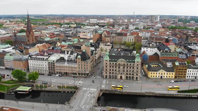 Aerial view of cityscape of Malmo, capital city of Scania, historic center of city, brightly colored houses, Stortorget Square - landscape of Sweden from above, Scandinavia, Europe, 4k UHD