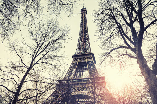 Eiffel Tower in Paris, France. Vintage filter