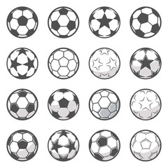 Set of sixteen monochrome soccer balls. Football or soccer related. Collection symbol of football
