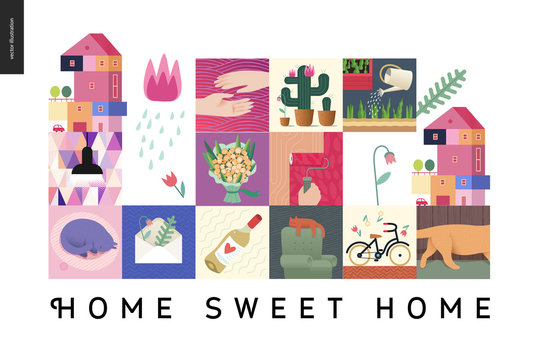 Simple things - home - flat cartoon vector illustration of countryside house, black lamp, sleeping cat, herbarium, wine, bouquet, hands, cactus, roller, bicycle, tulip, gardening -house black postcard