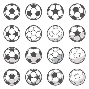 Set of sixteen monochrome soccer balls. Football or soccer related. Collection symbol of football