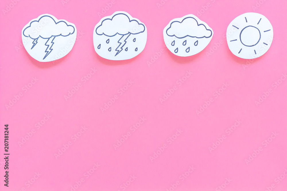 Wall mural weather forecast concept. modern weather icons set on pink background top view copy space