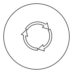 Three circle arrows black icon in circle outline