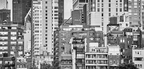 Black and white panoramic picture of the New York City architecture, USA.