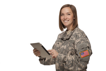 Woman Army Soldier with tablet and smiling.
