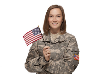 Female Army Soldier in Uniform With An American Flag