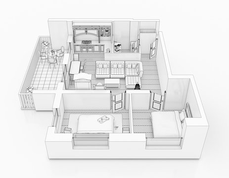 Line drawing floor plan on a white background, Mock up of furnished home apartment
