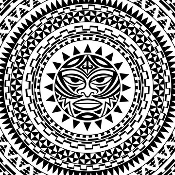 Circular pattern in form of mandala with Thunder-like Tiki is symbol-mask of God. Traditional ornaments of Maori people - Moko style. Vintage decorative tribal border from elements of African theme.