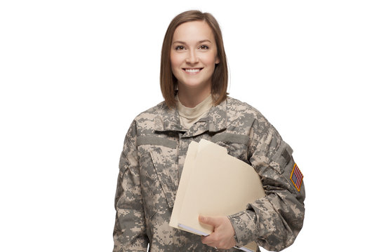 Female Army Soldier at Work with White Background