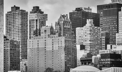 Black and white picture of the New York City architecture, USA.