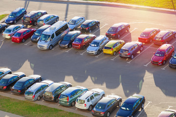Cars standing in a row, top view.