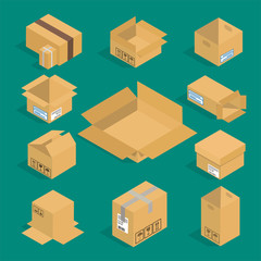 Different box vector isometric icons isolated pack move service or gift container packaging illustration