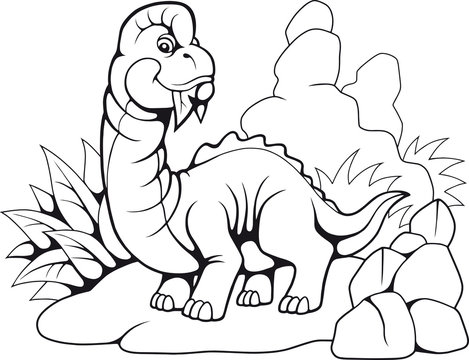 cartoon cute prehistoric brachiosaurus, funny illustration coloring book