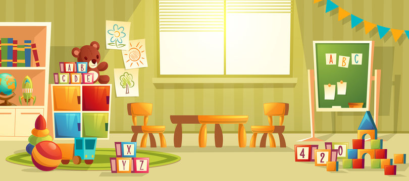 Vector Cartoon Illustration Of Empty Kindergarten Room With Furniture And Toys For Young Children. Nursery School For Learning Kids, Modern Interior Of Playroom For Fun And Playing Games