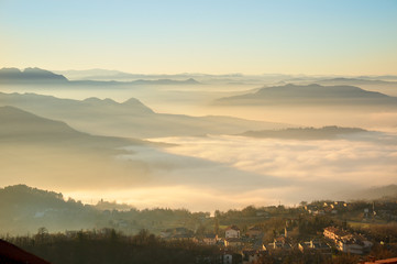Fototapeta premium Landscape of nature in the fog of San Marino country in Italy