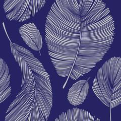 Grey Feathers Seamless Pattern on Blue