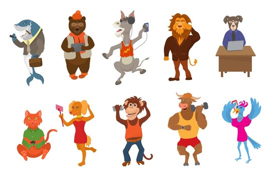 Animals gadget vector animalistic cartoon character businessman bear cat or dog holding phone or camera for selfie illustration set of lion or monkey with laptop or isolated on white background