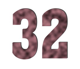32 Number. Rose gold color. Shiny glass texture. Discount and sales theme. White isolated