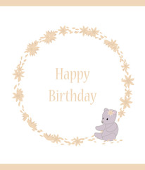 Birthday baby card with inscription and wreath of pink peach flowers petals with toy gray bears on white background vector