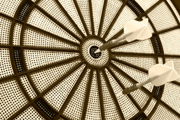 Two darts on a dart board, Tinted image.