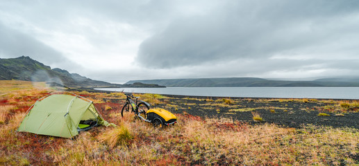 Panoramic view of beautiful colorful Icelandic landscape, Iceland, wild camping and bike touring