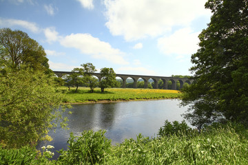 Fototapeta na wymiar Arthington to castley railway viaduct spanning the river wharfe in leeds west yorkshire on a sunny spring day