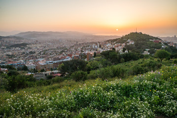 Obraz premium Beautiful viewpoint of Barcelona at sunrise, natural location in spring.