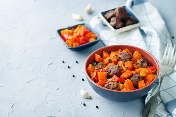 Pumpkin sweet potato Bell pepper stew with meatballs