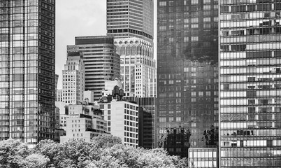 Black and white picture of Manhattan architecture, USA.