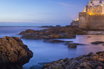 blue twilights and city lights on Atlantic coast in Morocco