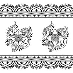 Set of Mehndi flower pattern and seamless border for Henna drawing and tattoo. Decoration in oriental, Indian style.