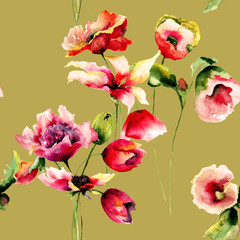 Floral Seamless wallpaper with Lily, Poppies and Tulips flowers