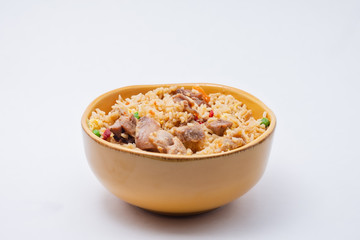 Fototapeta na wymiar Isolated fried rice and teriyaki chicken on white background with room for copy text