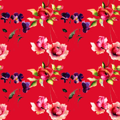 Seamless pattern with Original flowers on red background