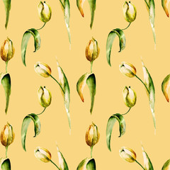 Seamless pattern with Yellow Tulips flowers