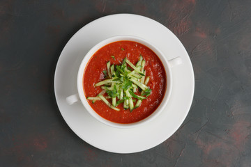 Plate of traditional spanish gazpacho. Top view.