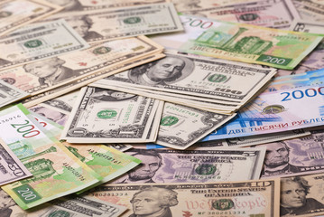 Fototapeta na wymiar Dollar, ruble banknotes