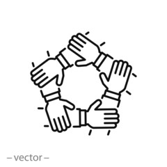 team hands together, business partnership concept, line icon vector