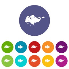 Map of Singapore with flag set icons in different colors isolated on white background