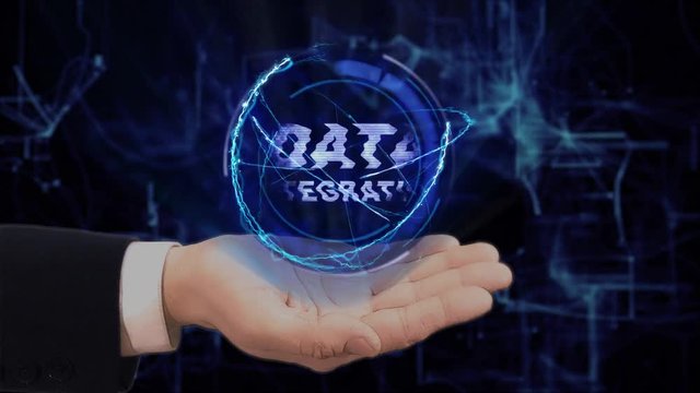 Painted hand shows concept hologram Data integration on his hand. Drawn man in business suit with future technology screen and modern cosmic background