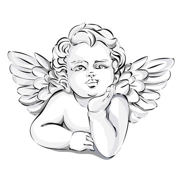 Angel wedding decor, Valentines day cupid, black and white vector illustration