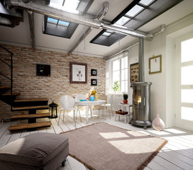 Raum mit Sitzecke und Kamin im Fabrikstil